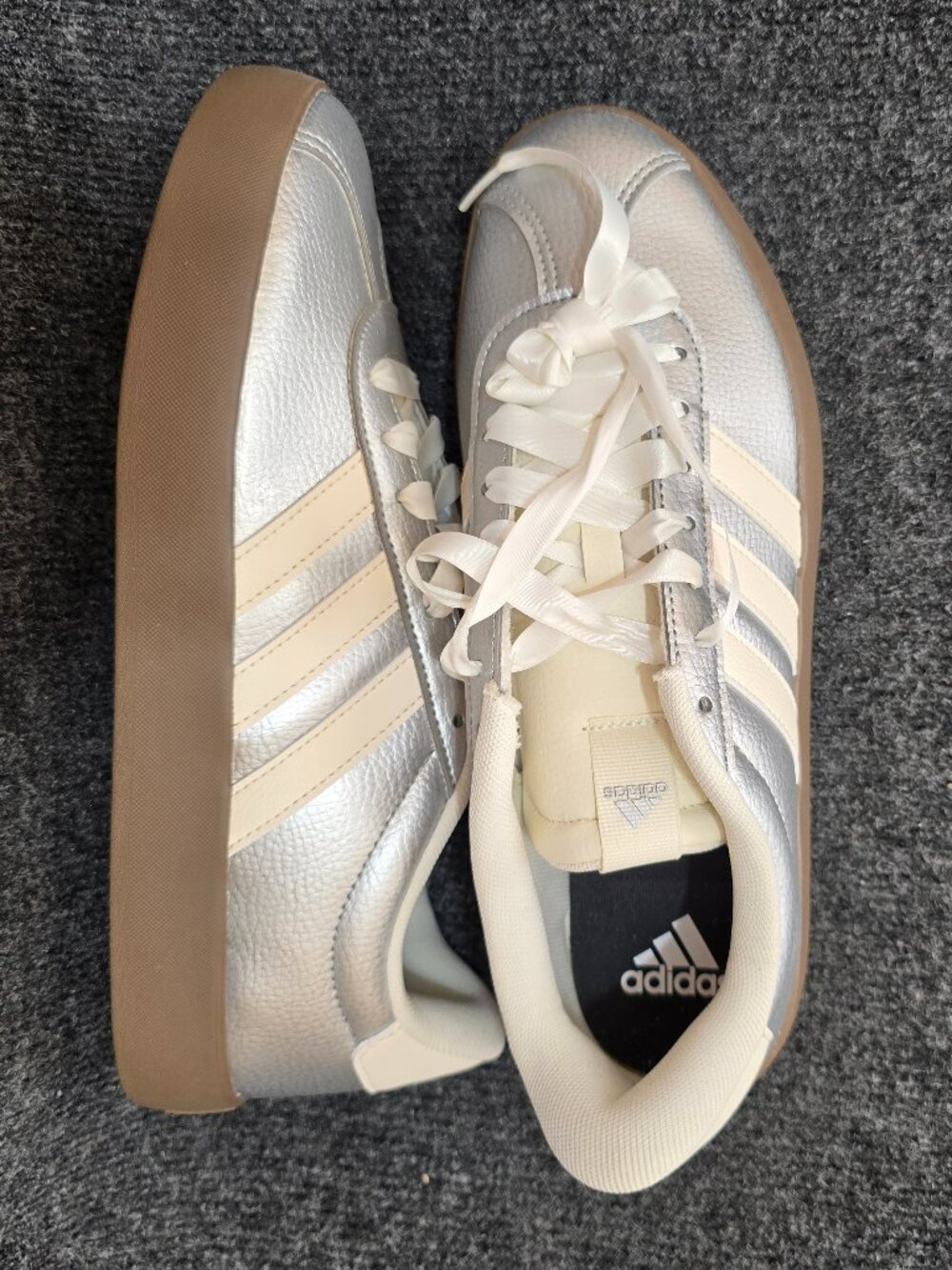 Adidas VL Court 3.0 Women’s Sneakers Silver White Size 10 NWT JQ7315 Ribbon Lace